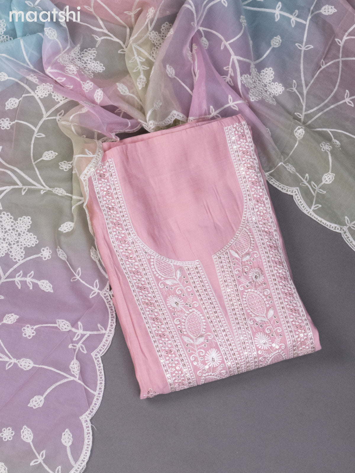 Chanderi dress material peach pink with sequin & embroidery work neck pattern and bottom & embroidery dupatta