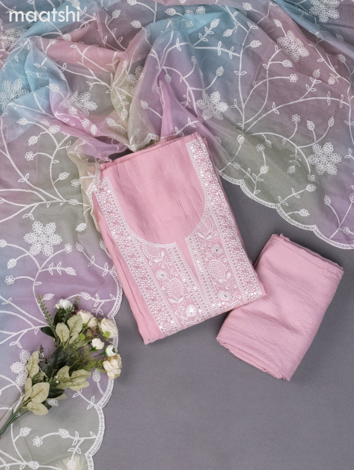 Chanderi dress material peach pink with sequin & embroidery work neck pattern and bottom & embroidery dupatta