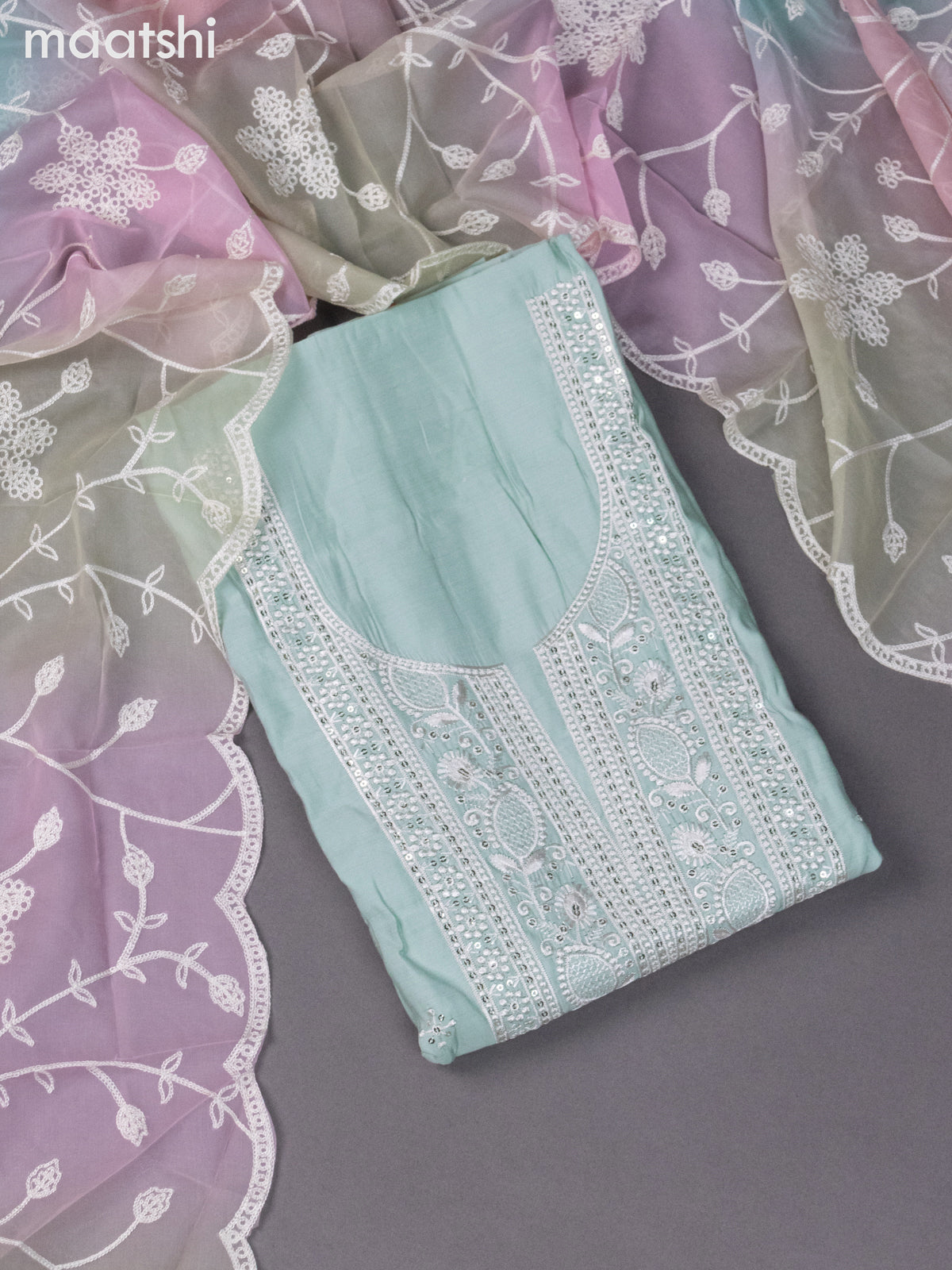 Chanderi dress material pastel blue with sequin & embroidery work neck pattern and bottom & embroidery dupatta