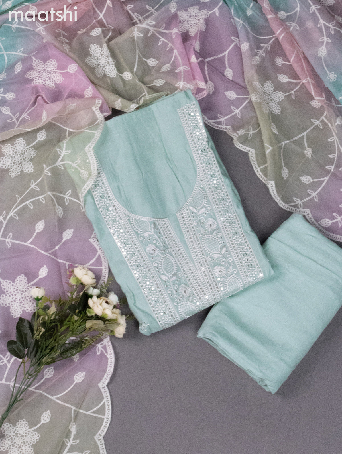 Chanderi dress material pastel blue with sequin & embroidery work neck pattern and bottom & embroidery dupatta