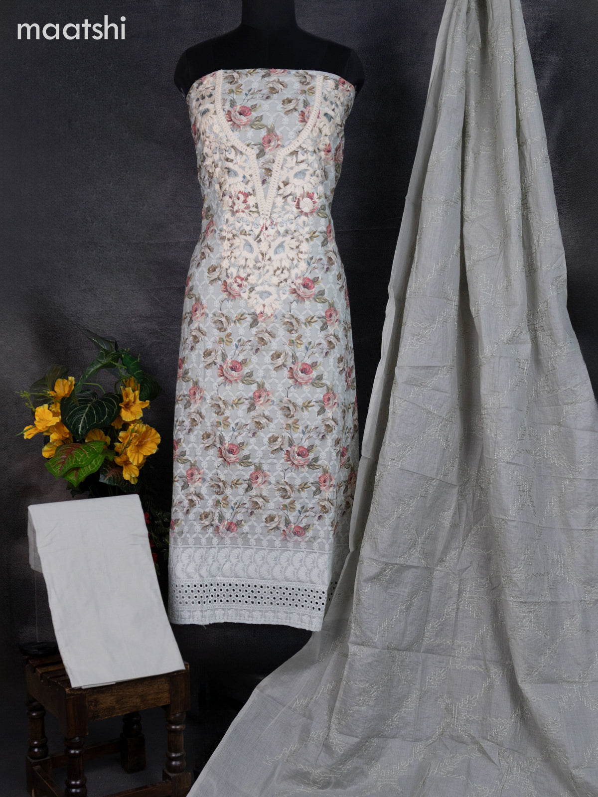Cotton dress material pastel green with allover floral prints & embroidery work and bottom & dupatta