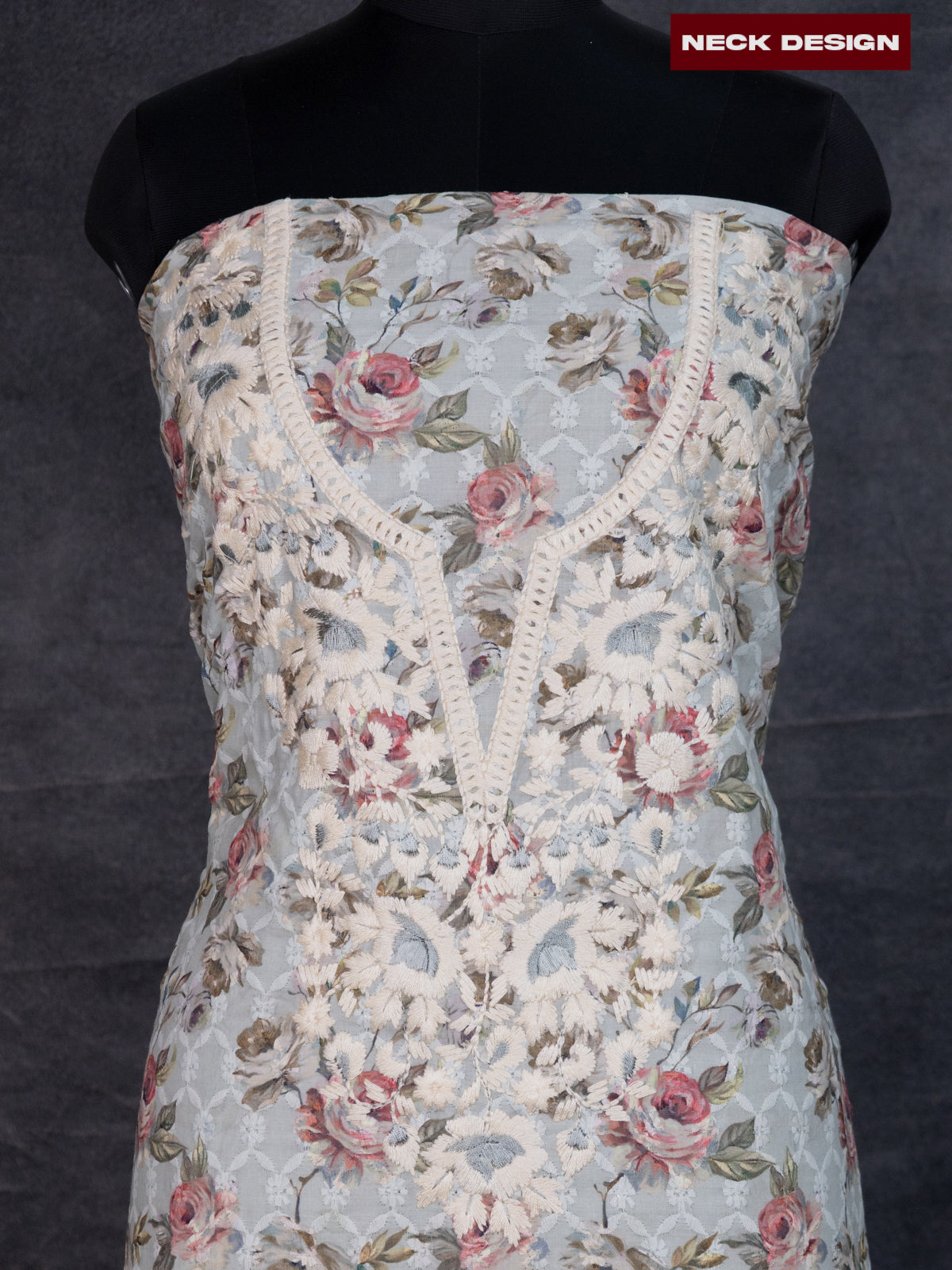 Cotton dress material pastel green with allover floral prints & embroidery work and bottom & dupatta