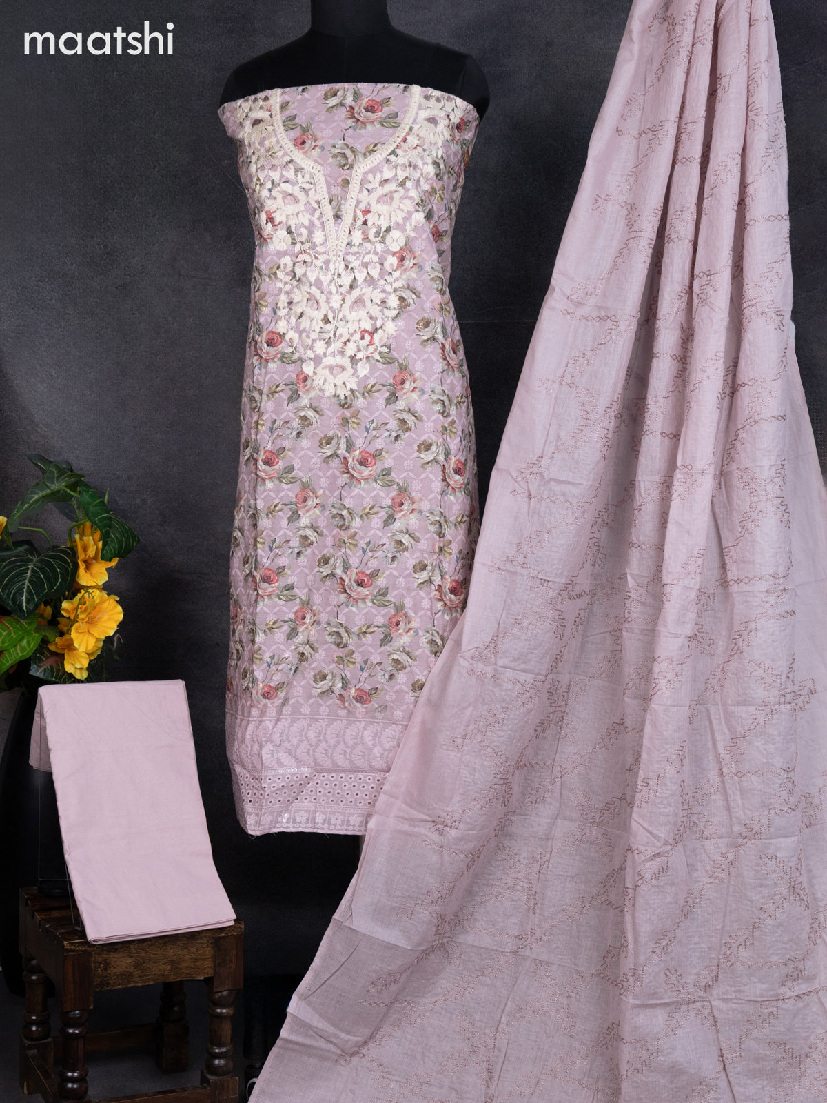 Cotton dress material pastel pink with allover floral prints & embroidery work and bottom & dupatta