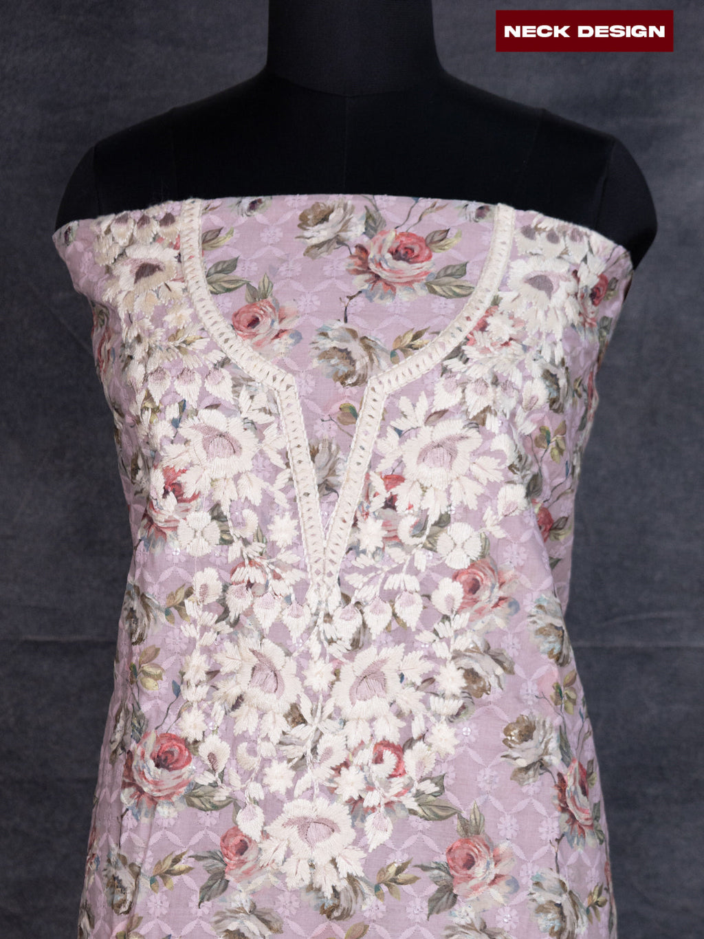 Cotton dress material pastel pink with allover floral prints & embroidery work and bottom & dupatta