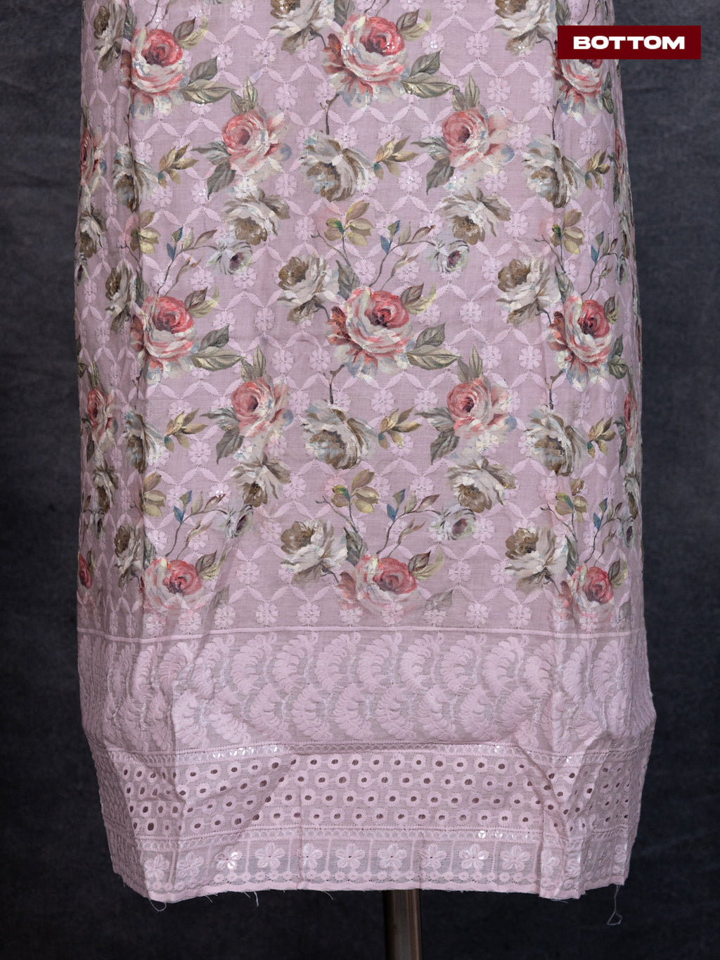 Cotton dress material pastel pink with allover floral prints & embroidery work and bottom & dupatta