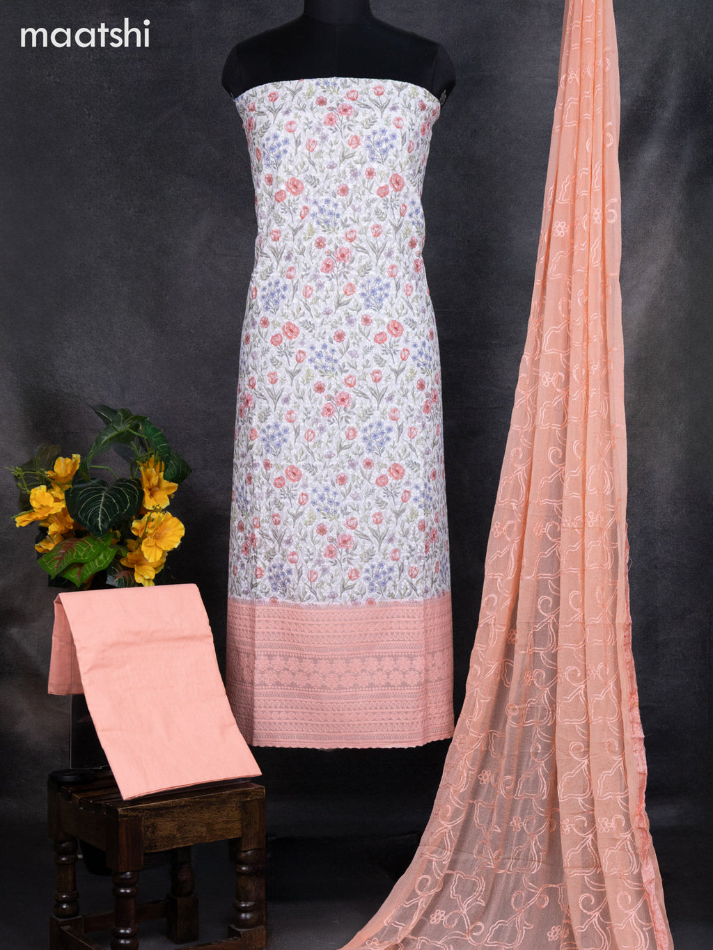 Cotton dress material off white with allover floral prints & embroidery work and bottom & dupatta