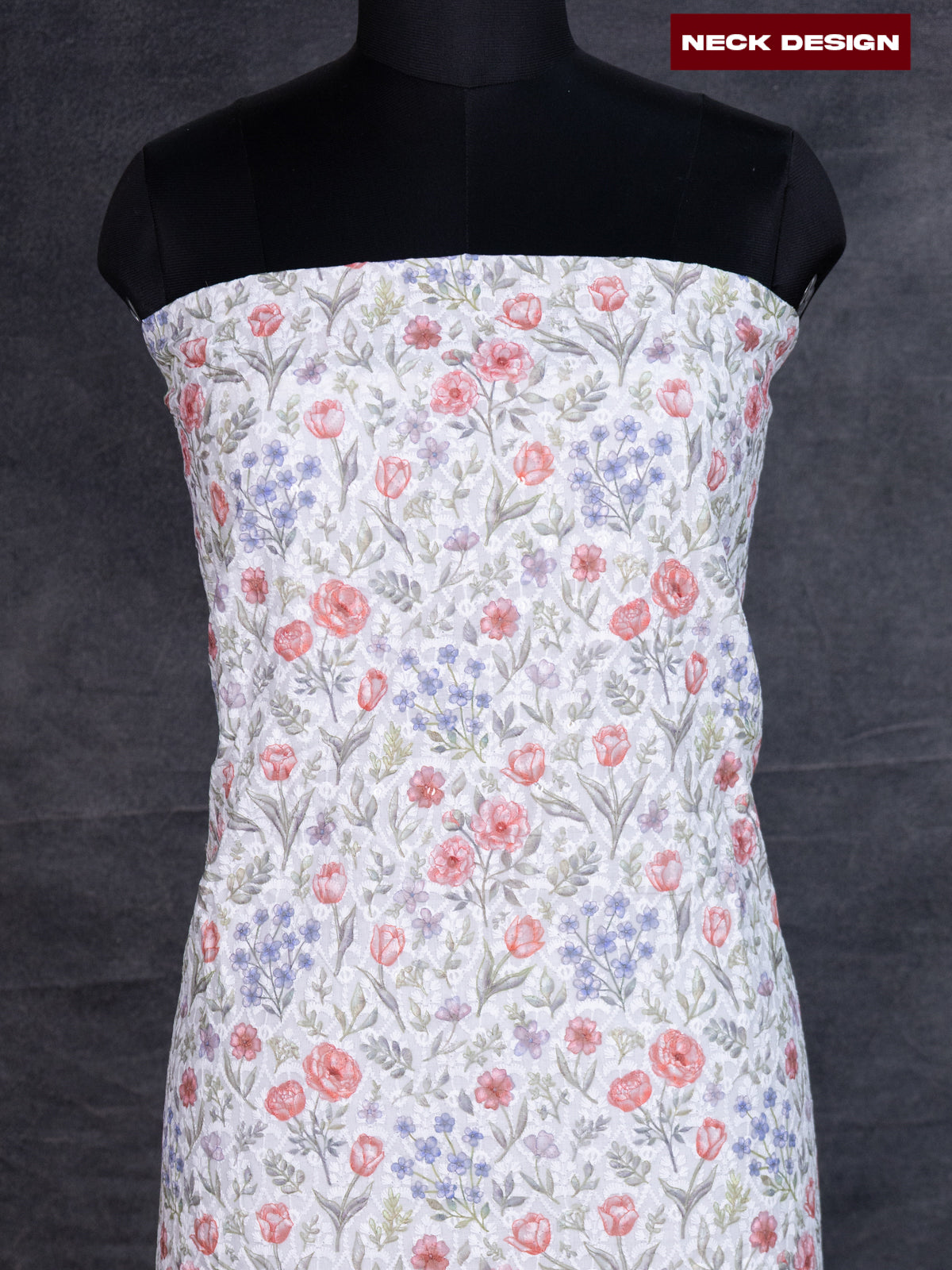 Cotton dress material off white with allover floral prints & embroidery work and bottom & dupatta