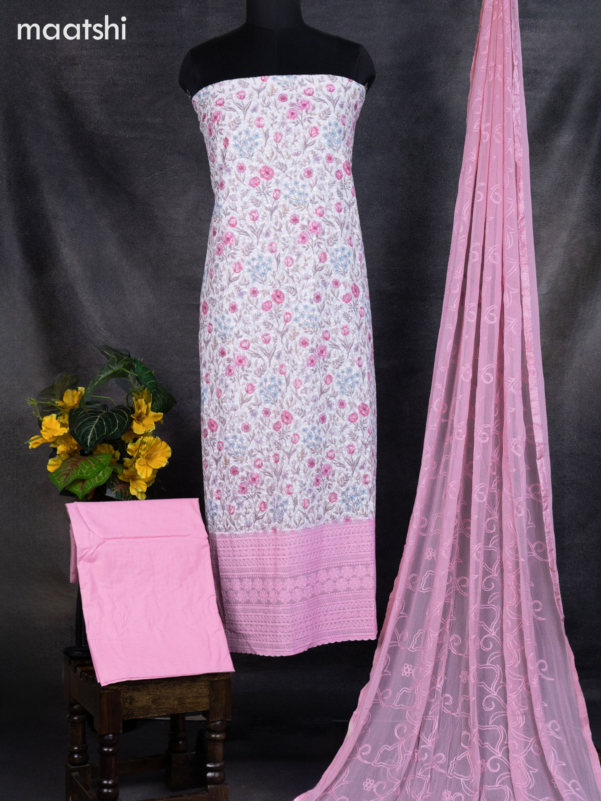 Cotton dress material off white with allover floral prints & embroidery work and bottom & dupatta