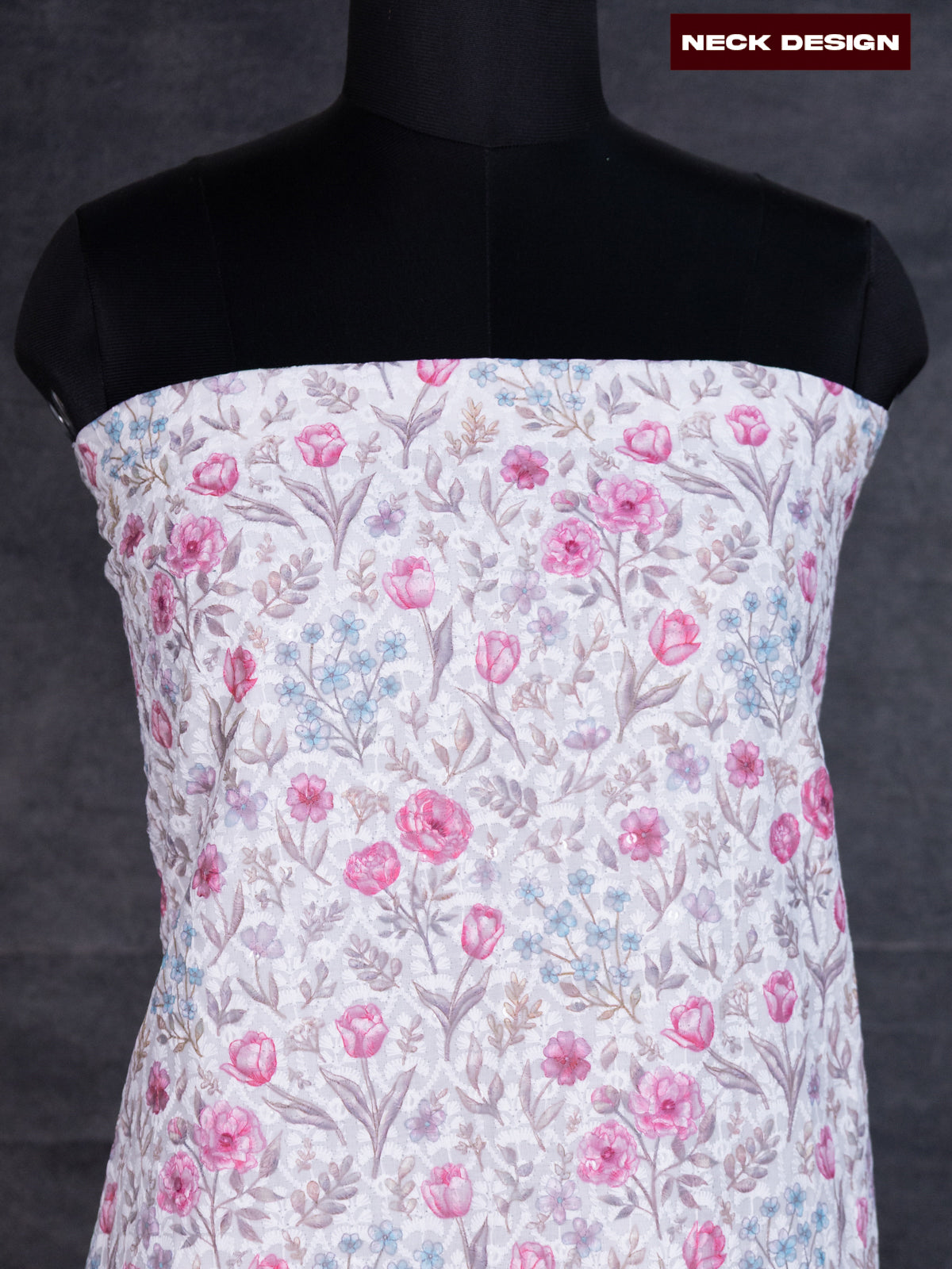 Cotton dress material off white with allover floral prints & embroidery work and bottom & dupatta