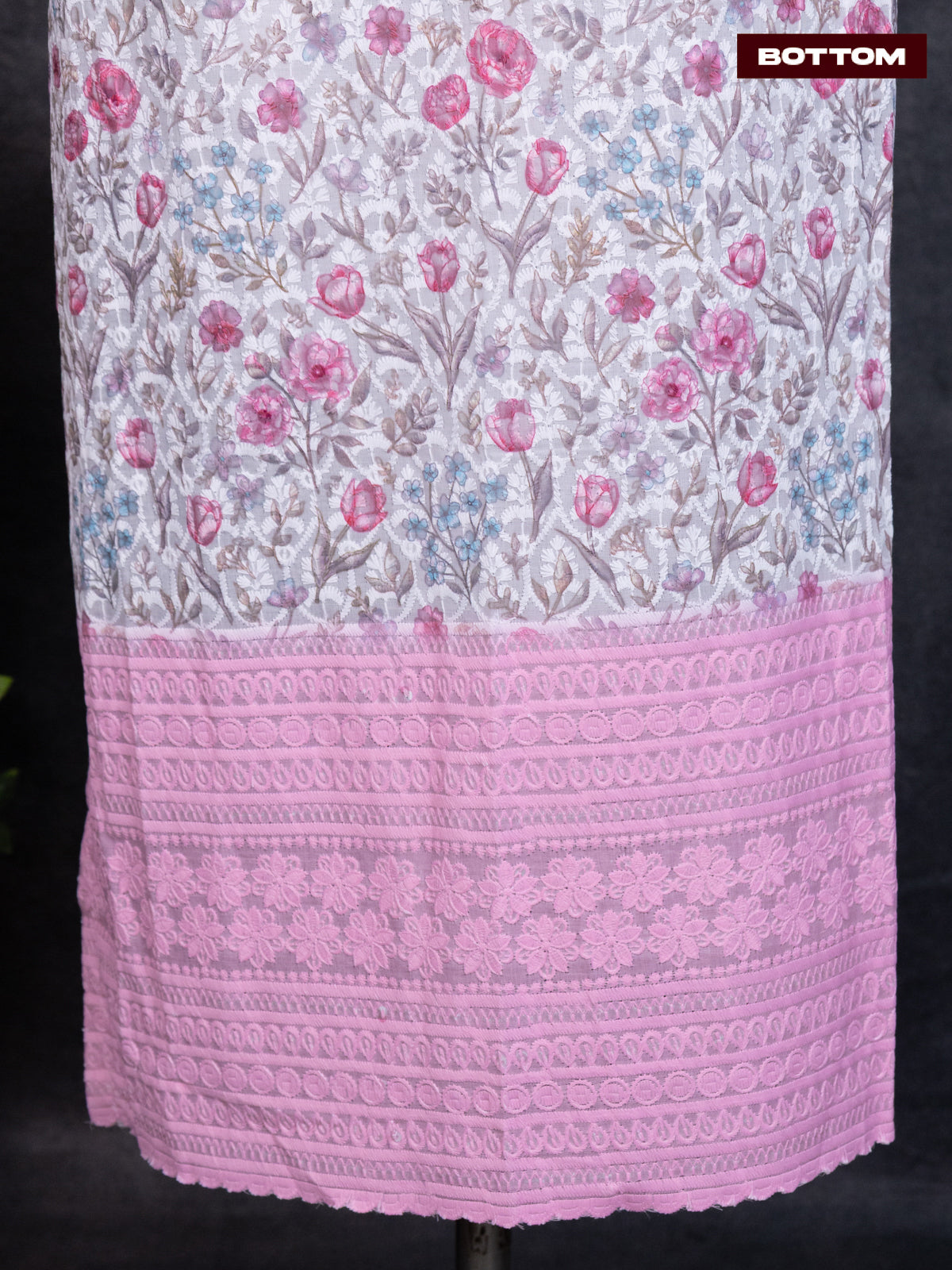 Cotton dress material off white with allover floral prints & embroidery work and bottom & dupatta