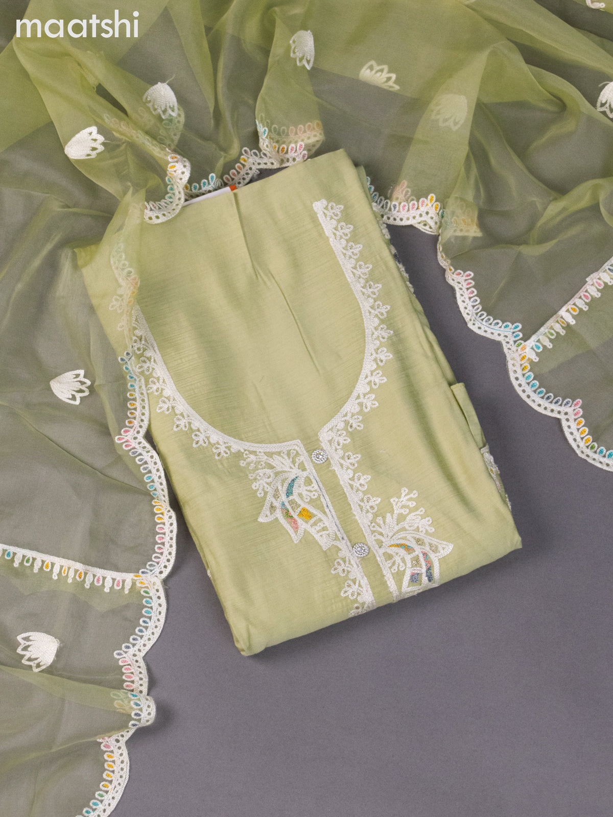 Chanderi dress material pastel green with embroidery work neck pattern and bottom & organza dupatta