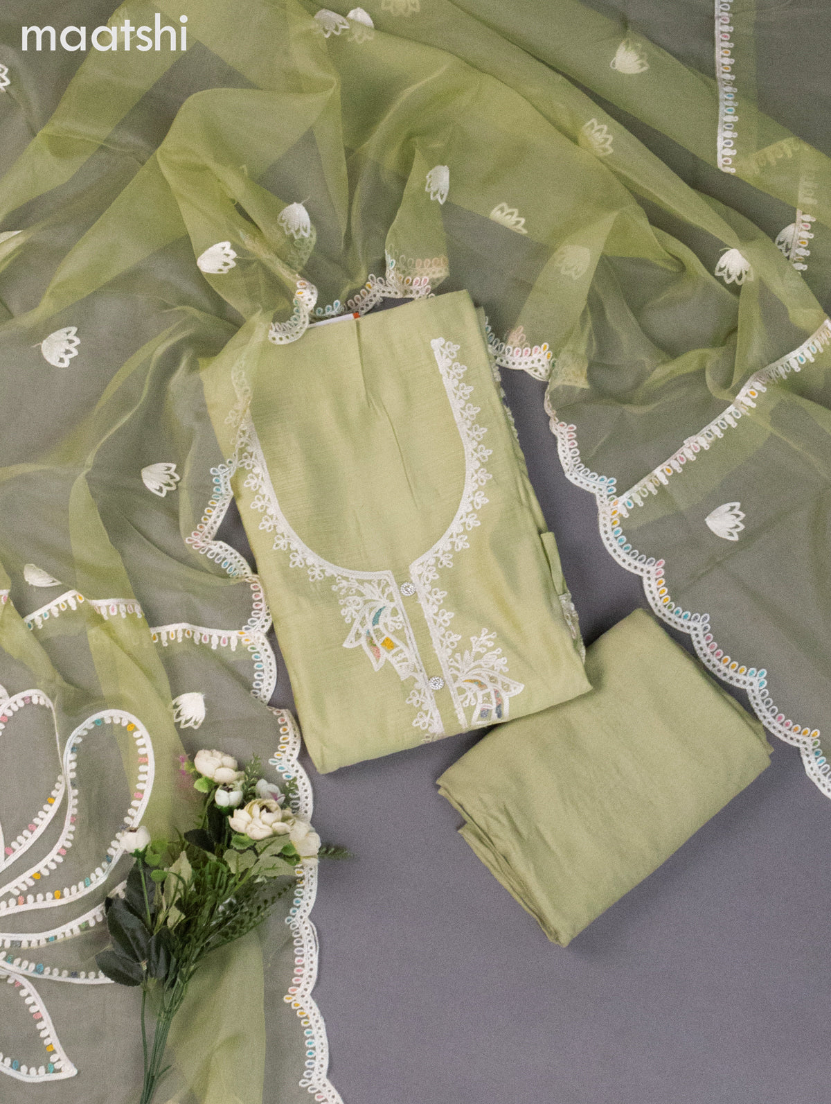 Chanderi dress material pastel green with embroidery work neck pattern and bottom & organza dupatta