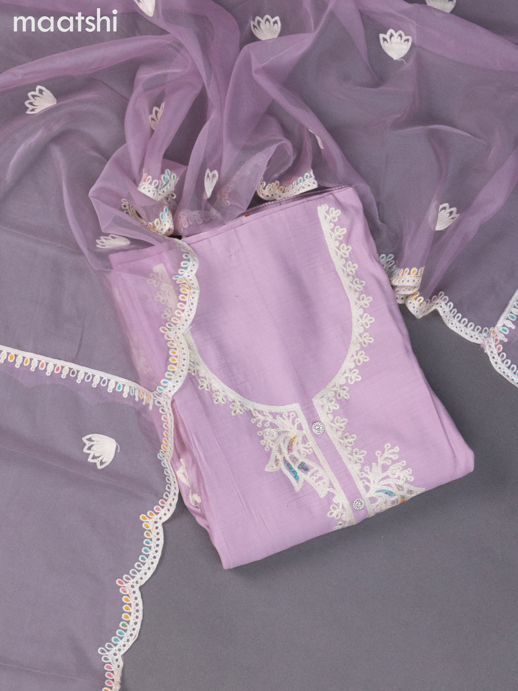 Chanderi dress material mild lavender with embroidery work neck pattern and bottom & organza dupatta