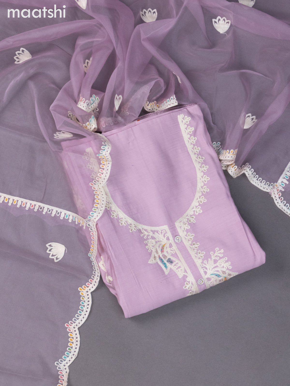 Chanderi dress material mild lavender with embroidery work neck pattern and bottom & organza dupatta