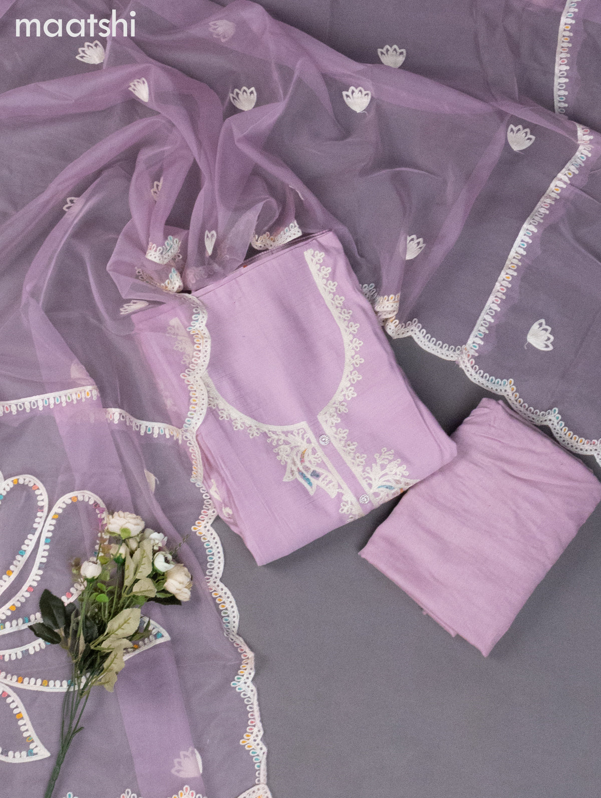 Chanderi dress material mild lavender with embroidery work neck pattern and bottom & organza dupatta