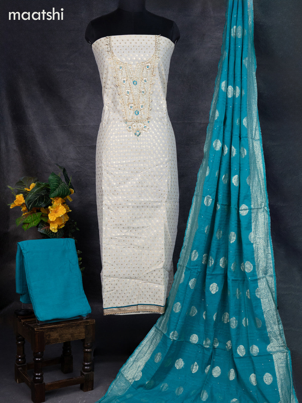Chanderi dress material off white with allover zari buttas & beaded work neck pattern and bottom & banarasi dupatta