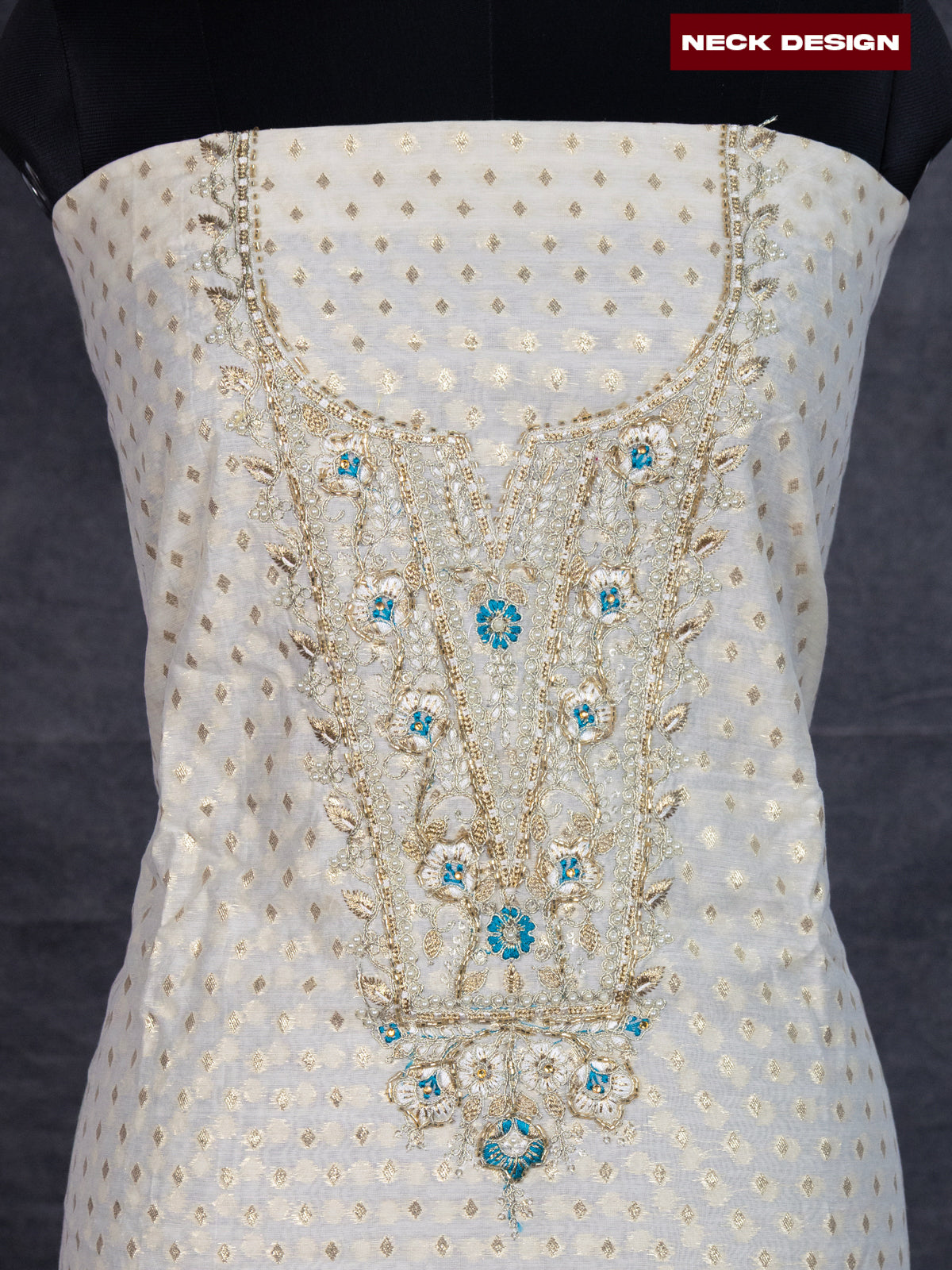 Chanderi dress material off white with allover zari buttas & beaded work neck pattern and bottom & banarasi dupatta