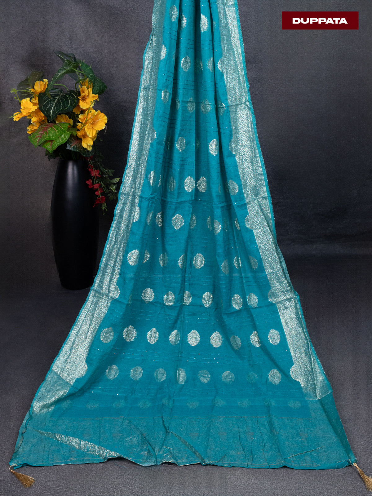 Chanderi dress material off white with allover zari buttas & beaded work neck pattern and bottom & banarasi dupatta