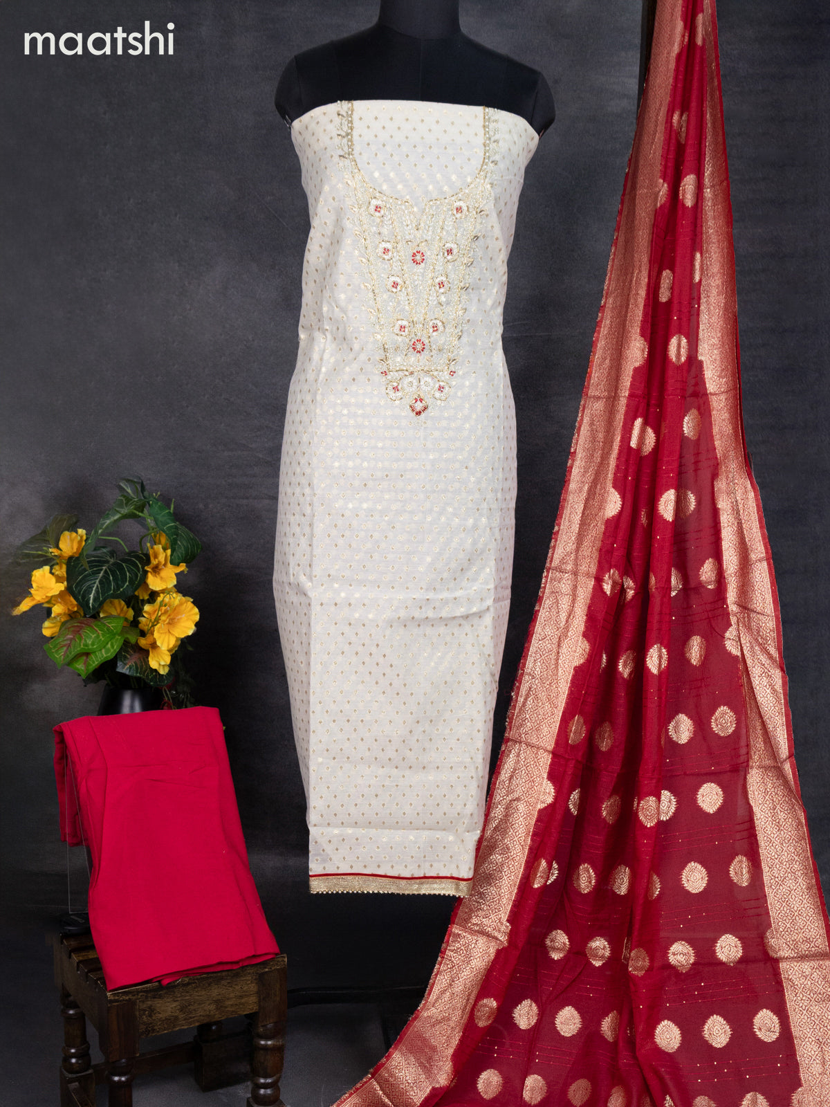 Chanderi dress material off white with allover zari buttas & beaded work neck pattern and bottom & banarasi dupatta