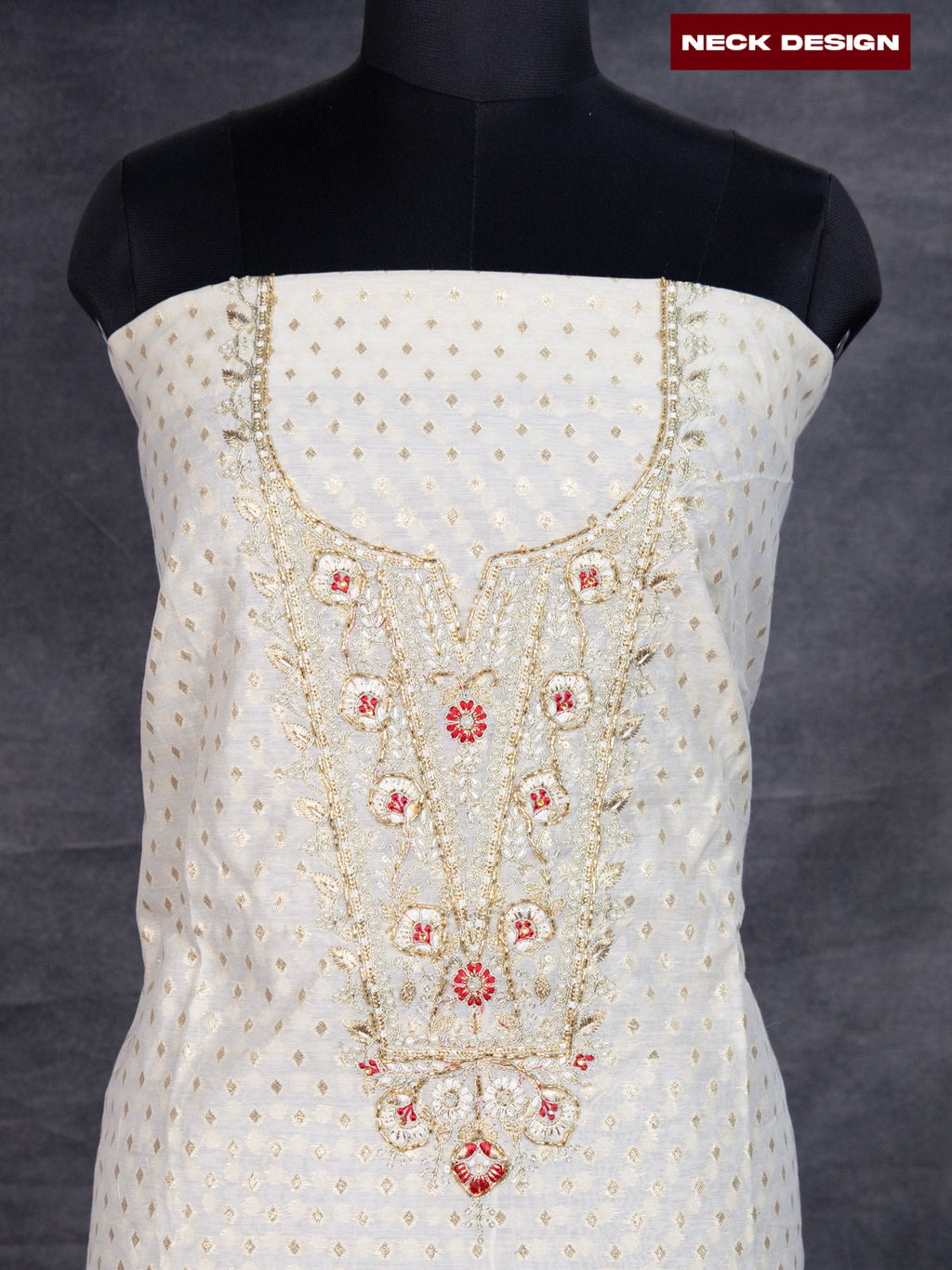Chanderi dress material off white with allover zari buttas & beaded work neck pattern and bottom & banarasi dupatta