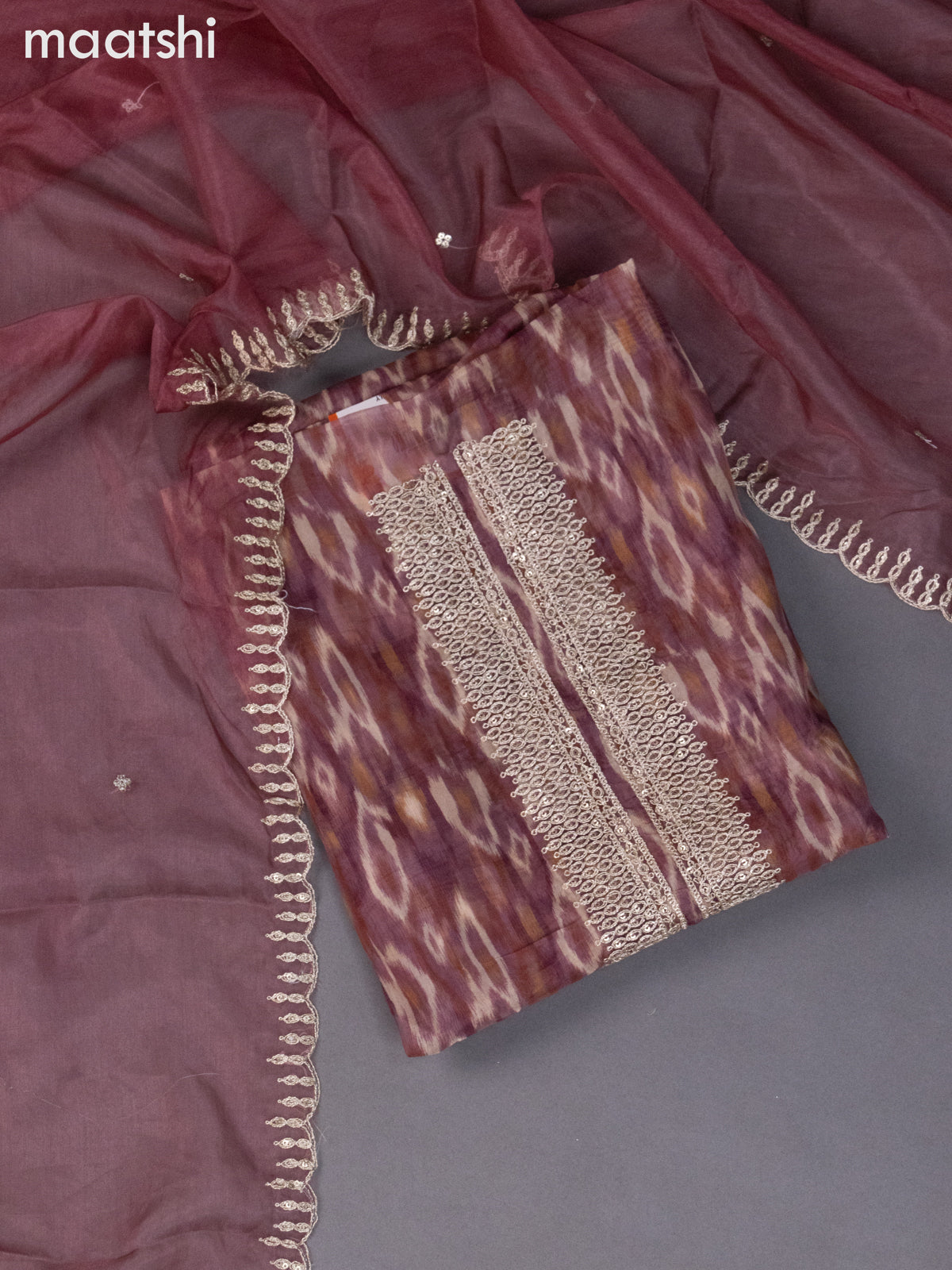 Organza dress material maroon shade with allover ikat weaves & sequin embroidery work neck pattern and bottom & organza dupatta