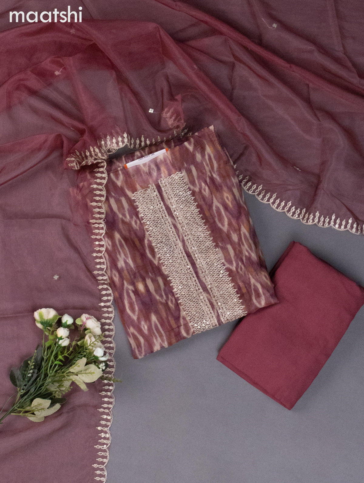 Organza dress material maroon shade with allover ikat weaves & sequin embroidery work neck pattern and bottom & organza dupatta