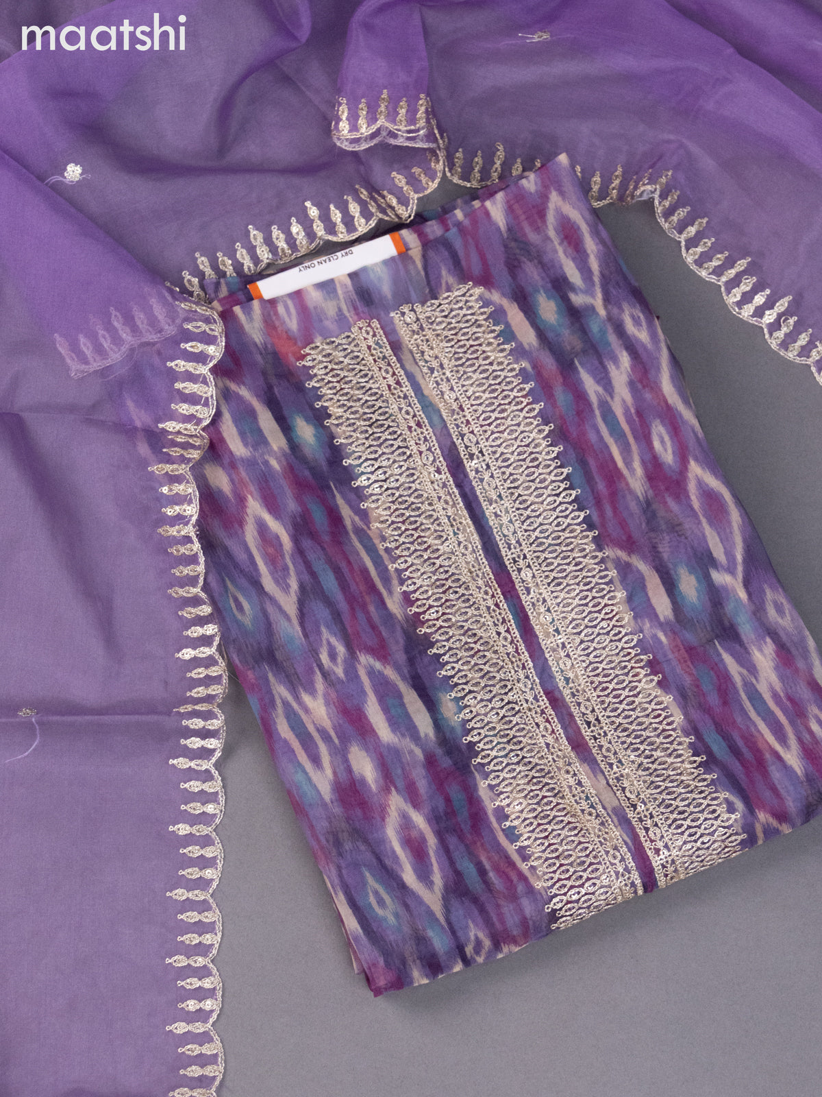 Organza dress material purple shade with allover ikat weaves & sequin embroidery work neck pattern and bottom & organza dupatta