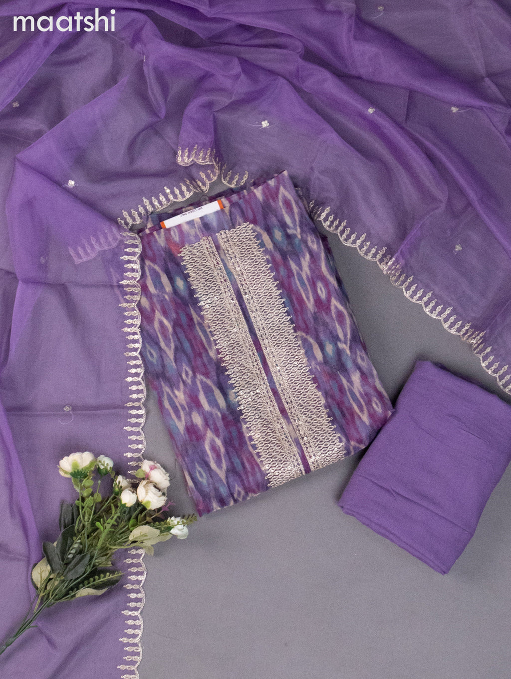 Organza dress material purple shade with allover ikat weaves & sequin embroidery work neck pattern and bottom & organza dupatta