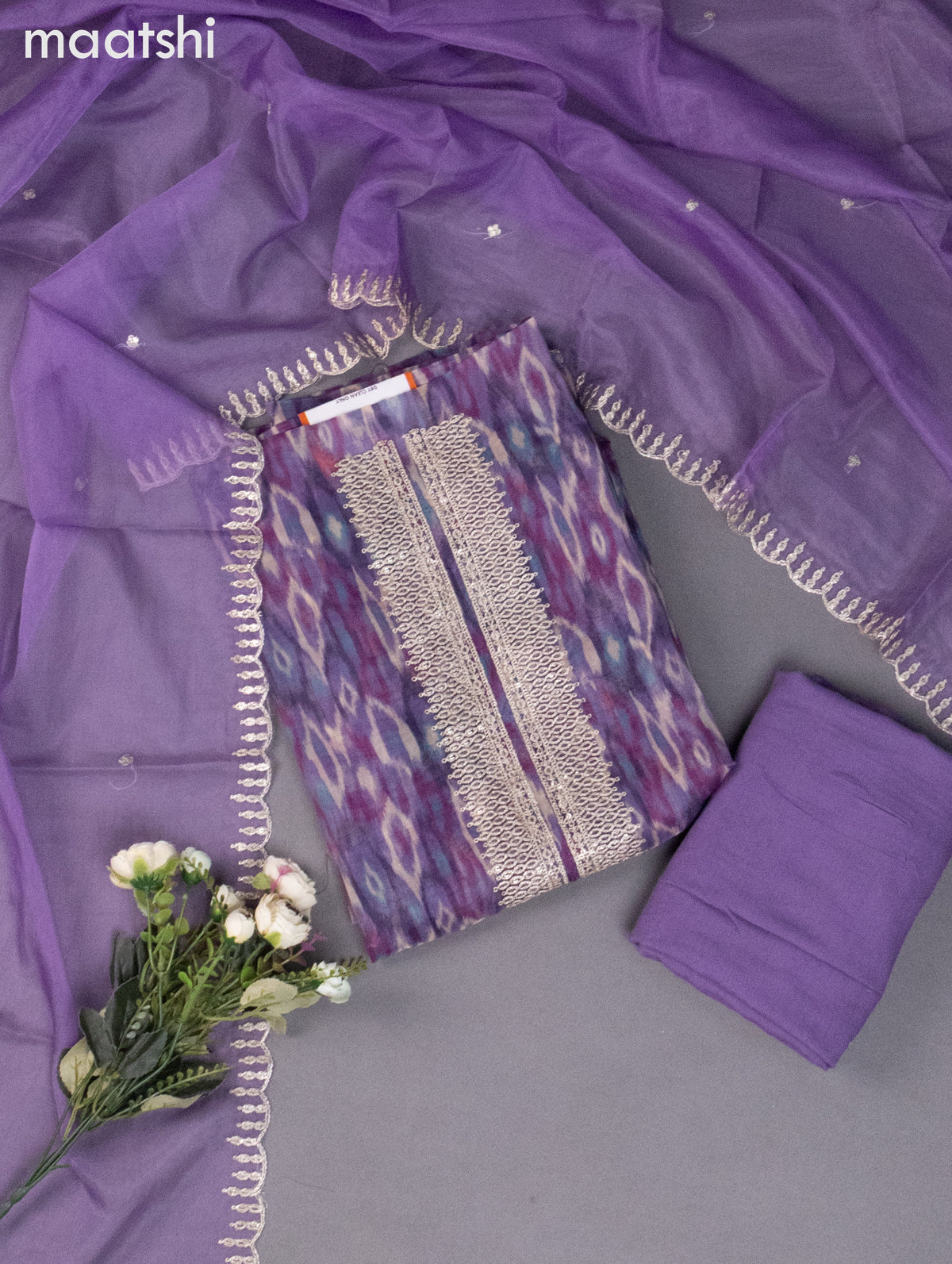 Organza dress material purple shade with allover ikat weaves & sequin embroidery work neck pattern and bottom & organza dupatta