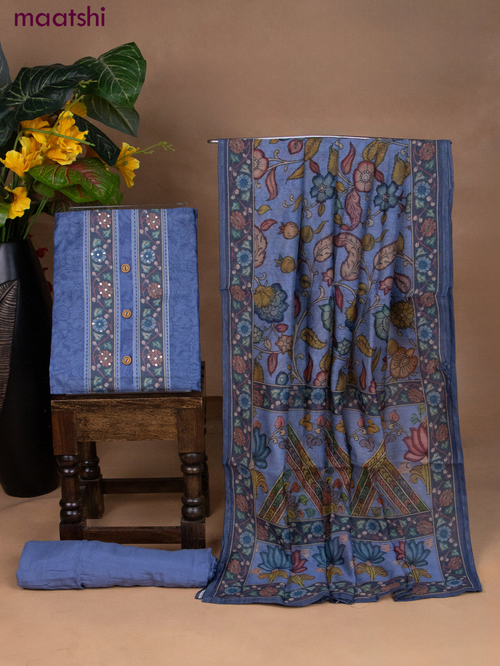 Chanderi dress material bluish grey with allover kalamkari prints & kantha stich work neck pattern and bottom & kalamkari prints dupatta