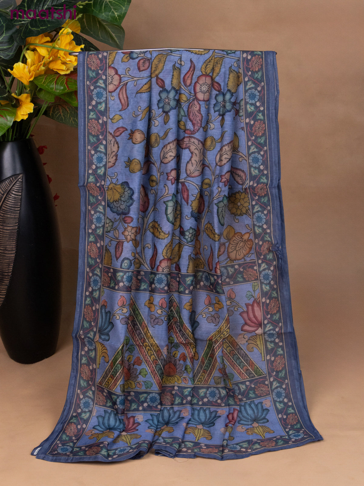 Chanderi dress material bluish grey with allover kalamkari prints & kantha stich work neck pattern and bottom & kalamkari prints dupatta
