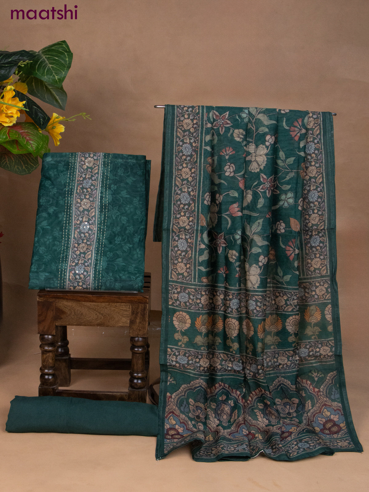 Chanderi dress material green with allover floral prints & kantha stich work neck pattern and bottom & kalamkari prints dupatta