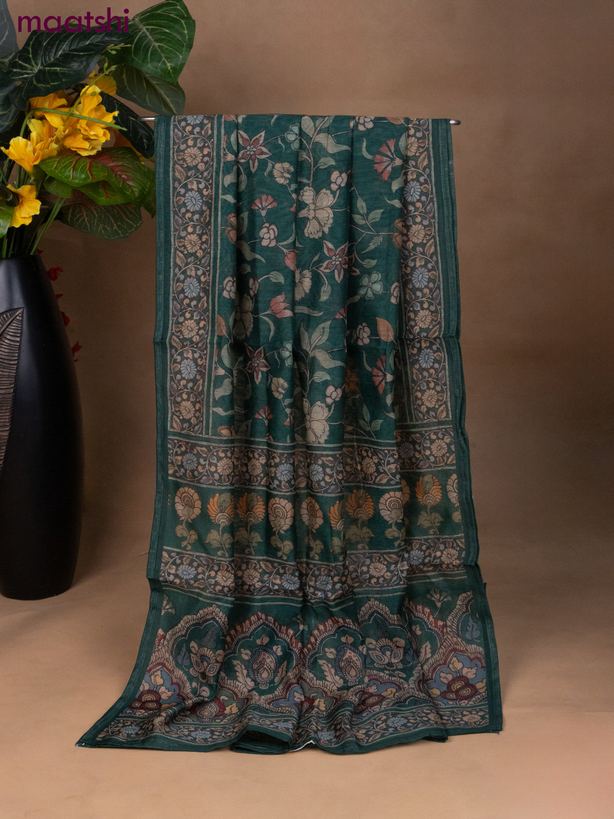 Chanderi dress material green with allover floral prints & kantha stich work neck pattern and bottom & kalamkari prints dupatta