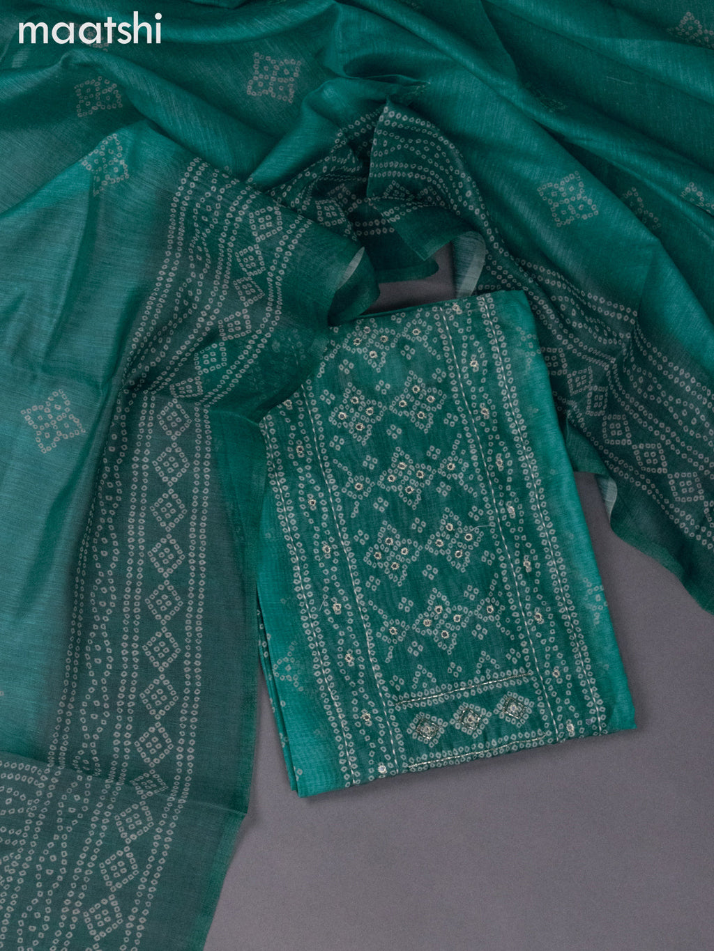 Chanderi dress material teal blue with allover bandhini prints & mirror work neck pattern and bottom & dupatta