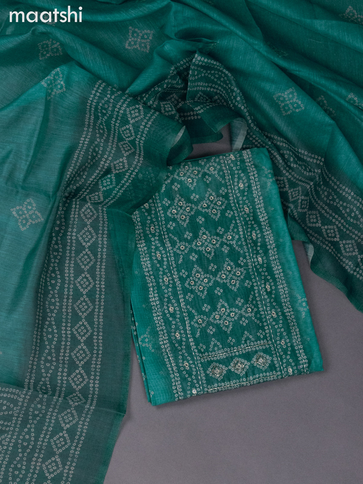 Chanderi dress material teal blue with allover bandhini prints & mirror work neck pattern and bottom & dupatta
