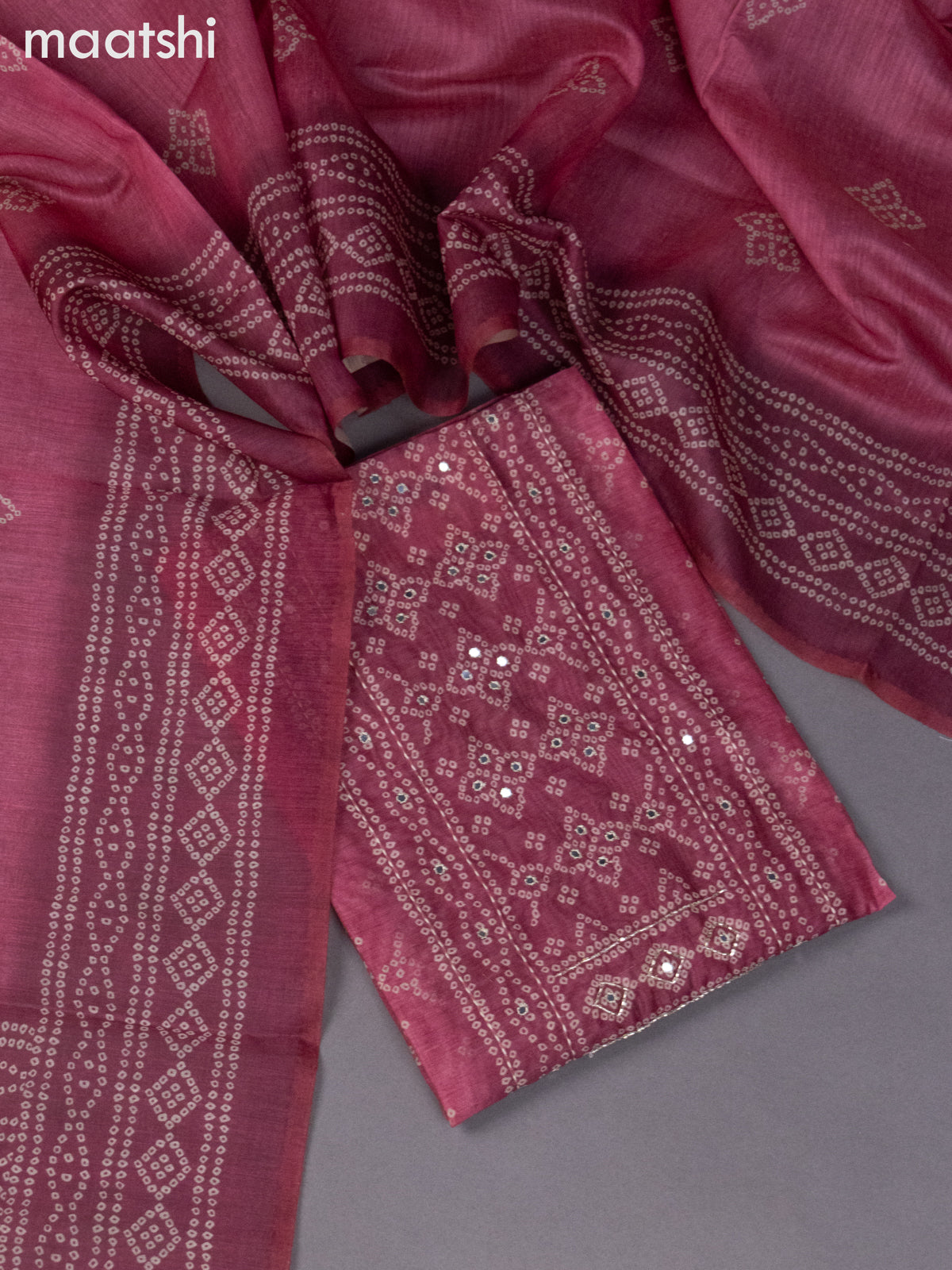 Chanderi dress material maroon shade with allover bandhini prints & mirror work neck pattern and bottom & dupatta