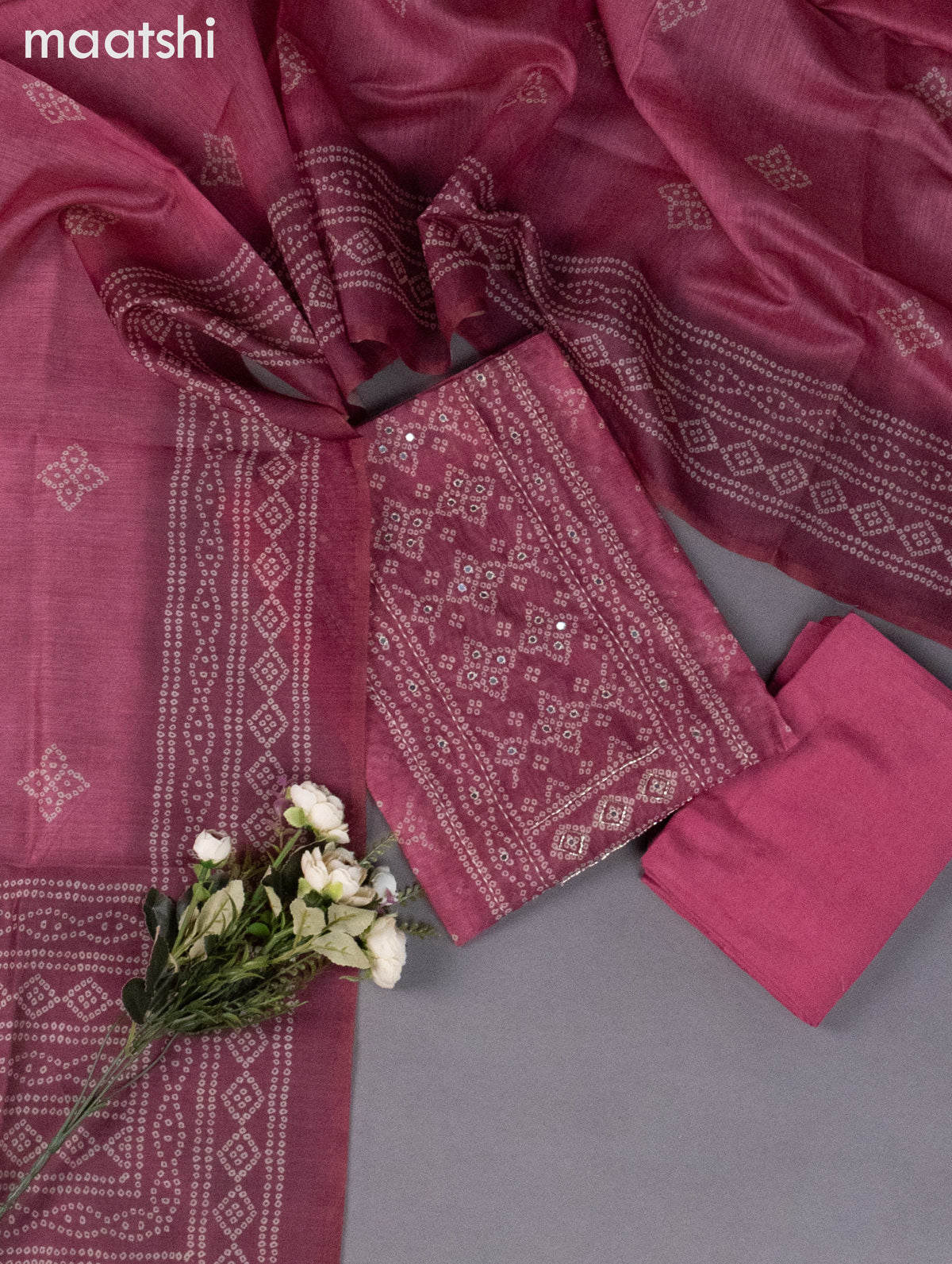Chanderi dress material maroon shade with allover bandhini prints & mirror work neck pattern and bottom & dupatta