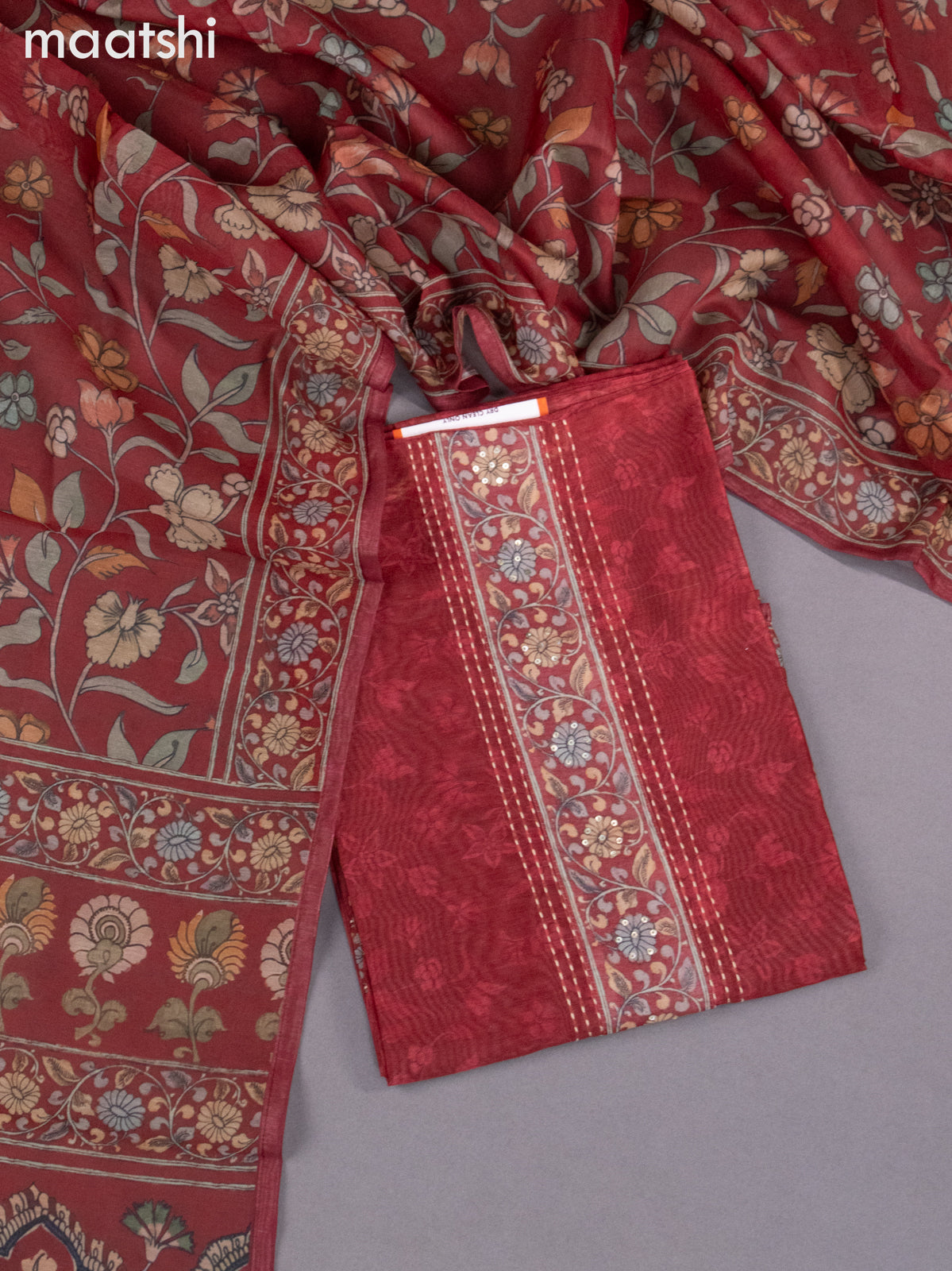 Chanderi dress material maroon with allover floral prints & kantha stich work neck pattern and bottom & kalamkari prints dupatta