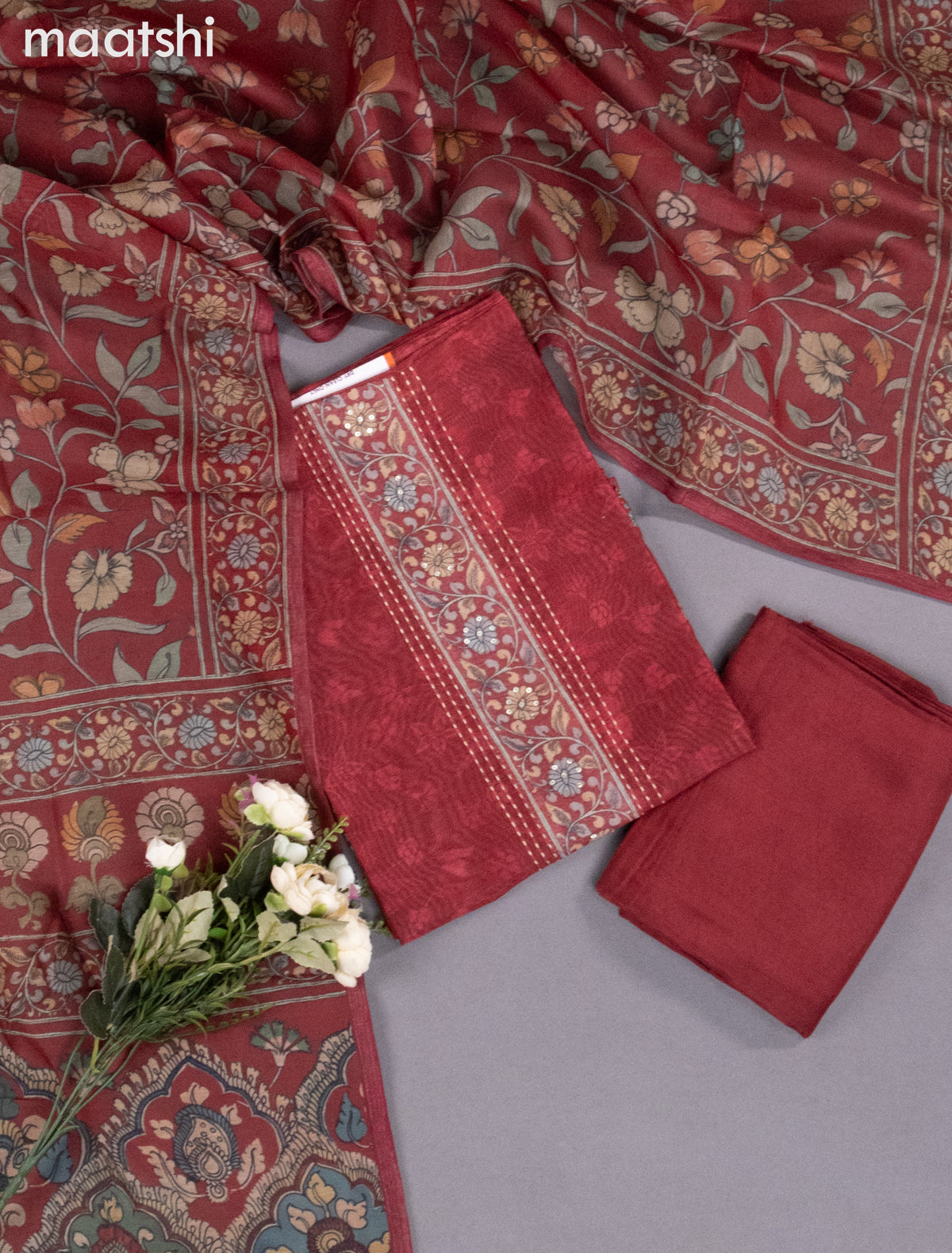Chanderi dress material maroon with allover floral prints & kantha stich work neck pattern and bottom & kalamkari prints dupatta