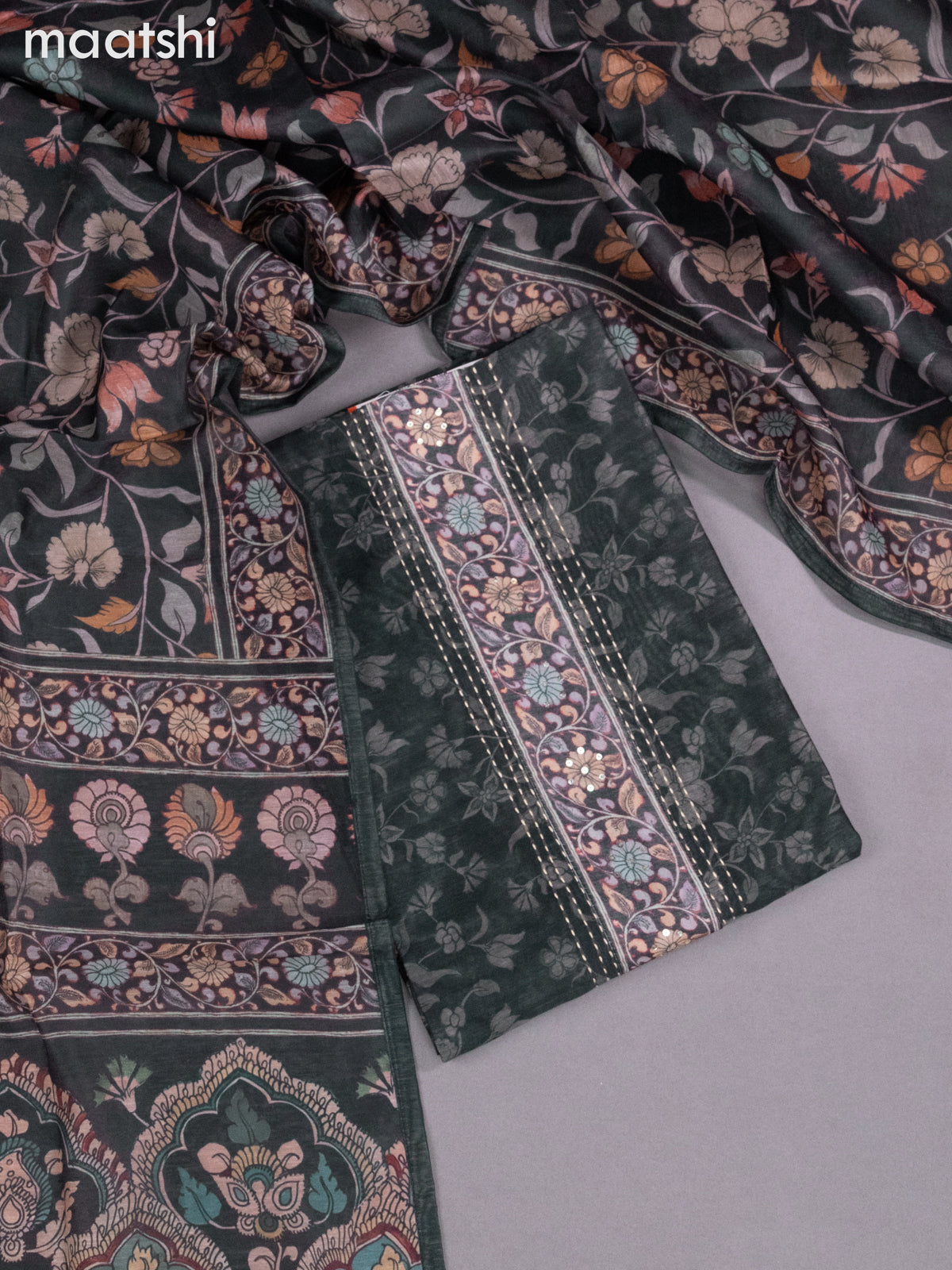 Chanderi dress material bottle green with allover floral prints & kantha stich work neck pattern and bottom & kalamkari prints dupatta