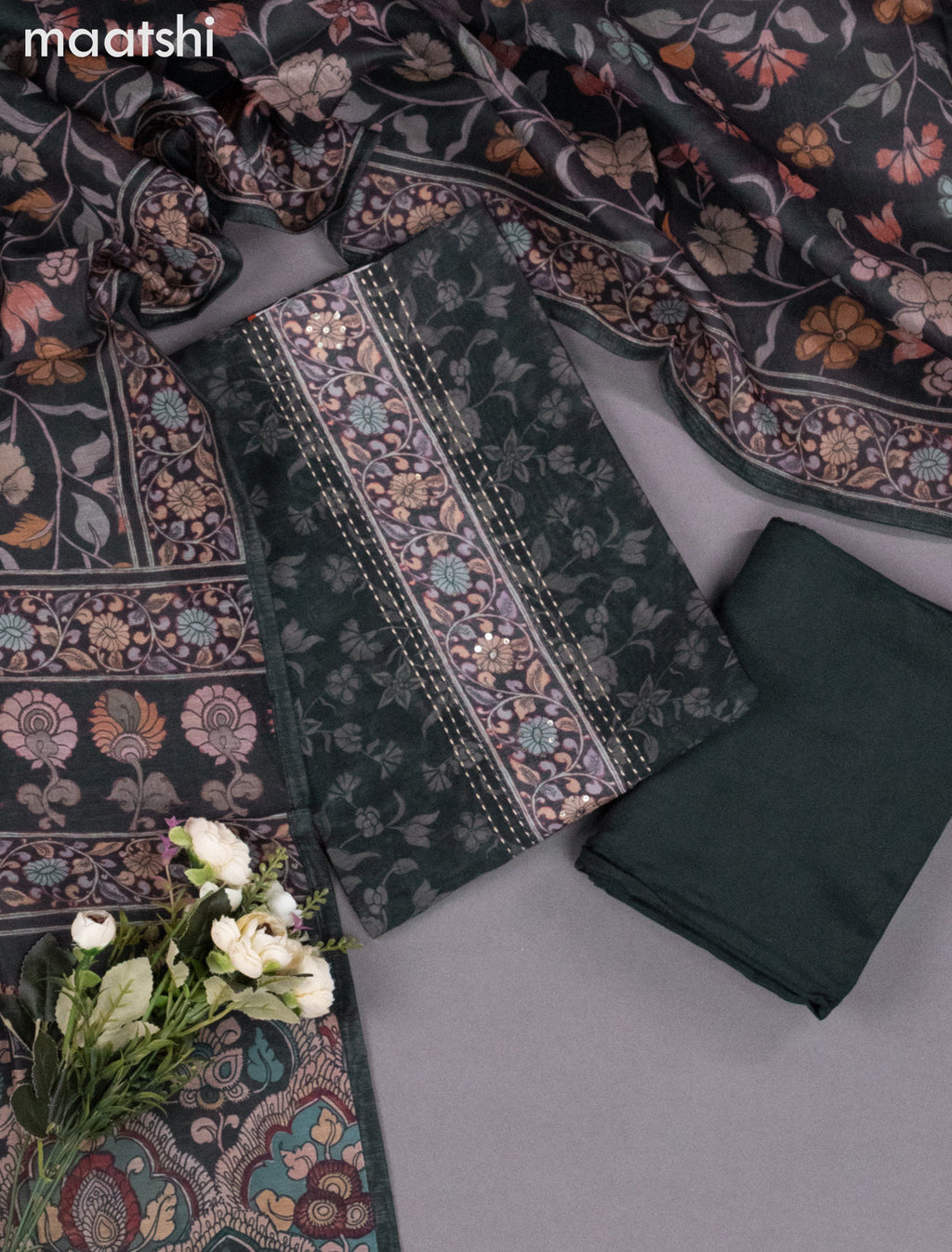 Chanderi dress material bottle green with allover floral prints & kantha stich work neck pattern and bottom & kalamkari prints dupatta