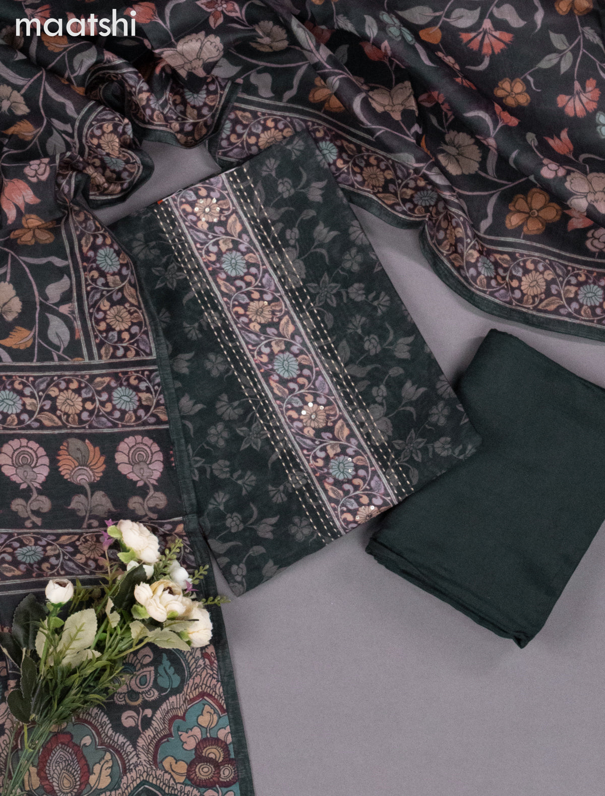 Chanderi dress material bottle green with allover floral prints & kantha stich work neck pattern and bottom & kalamkari prints dupatta