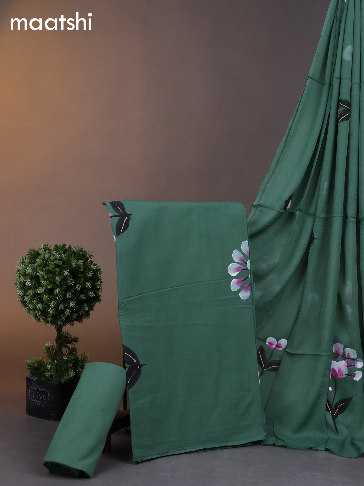 Cotton dress materials green with floral hand painted prints and bottom & chiffon dupatta
