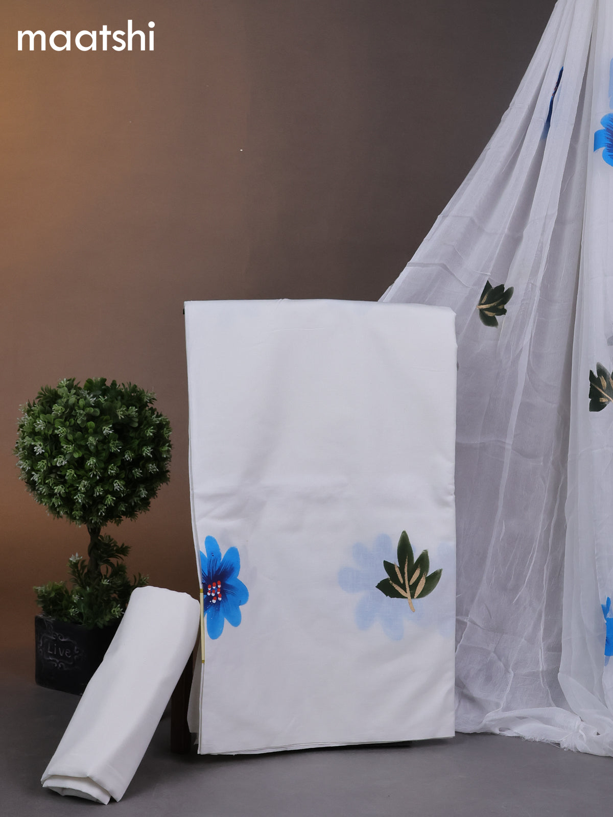 Cotton dress materials off white with floral hand painted prints and bottom & chiffon dupatta