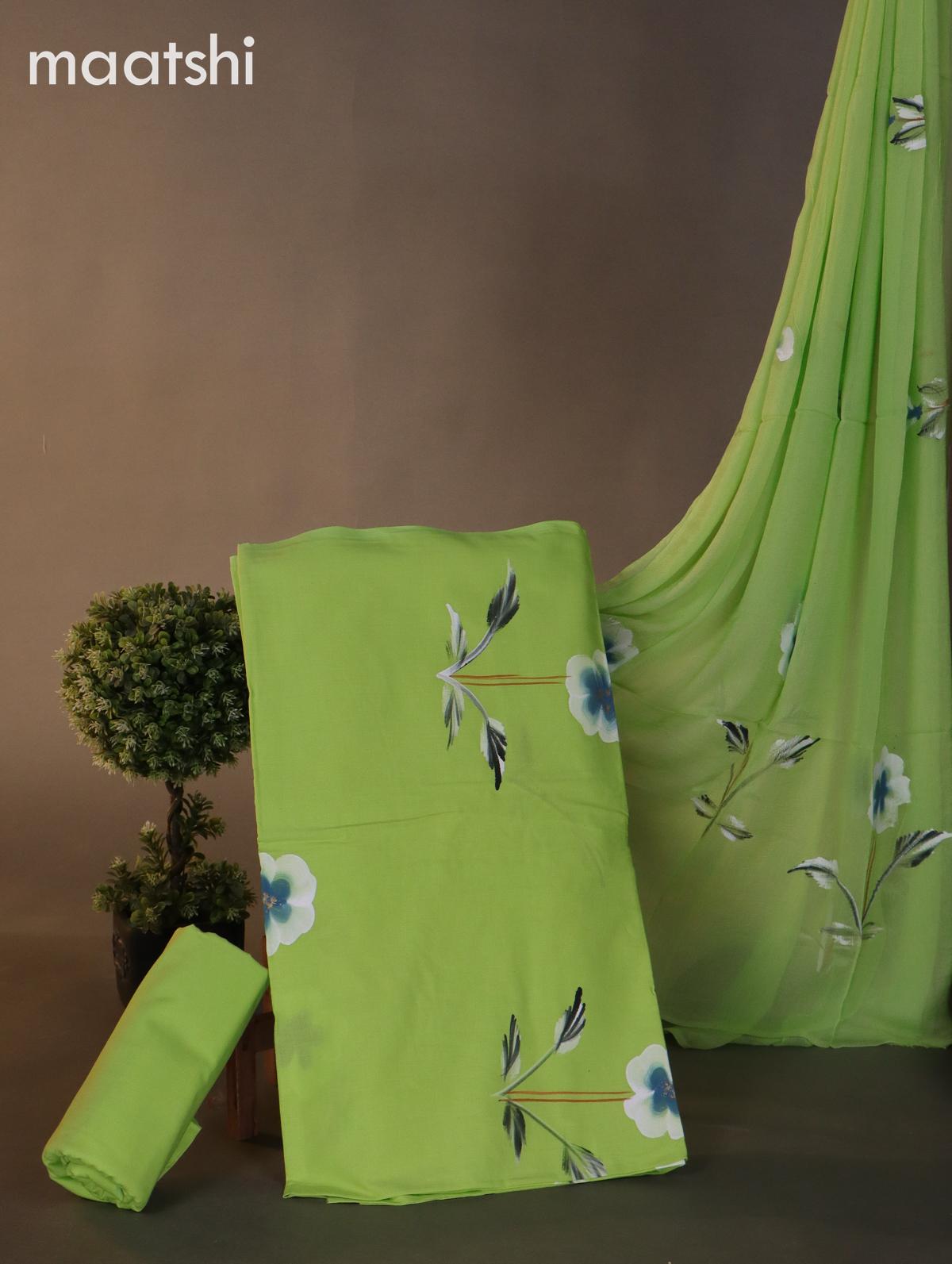 Cotton dress materials light green with floral hand painted prints and bottom & chiffon dupatta