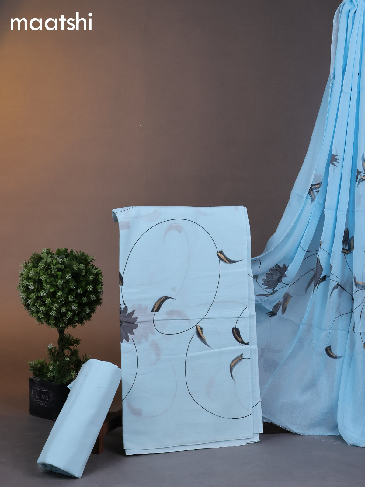 Cotton dress materials light blue with floral hand painted prints and bottom & chiffon dupatta