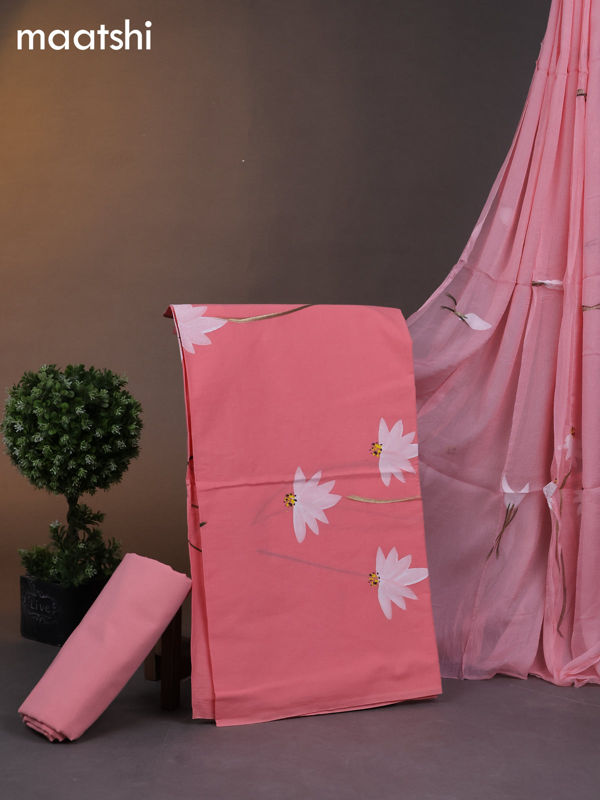 Cotton dress materials peach shade with floral hand painted prints and bottom & chiffon dupatta