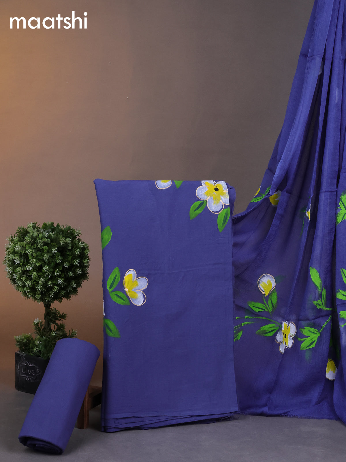 Cotton dress materials blue with floral hand painted prints and bottom & chiffon dupatta