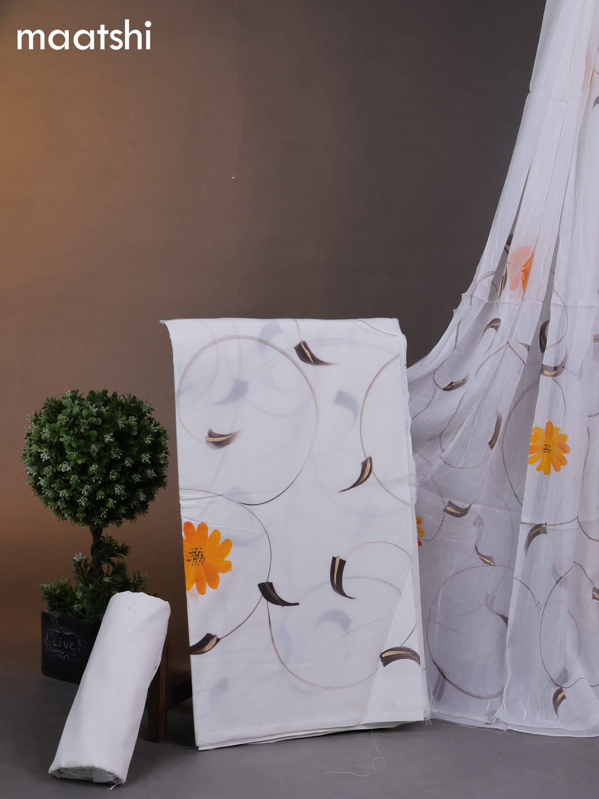 Cotton dress materials off white with floral hand painted prints and bottom & chiffon dupatta