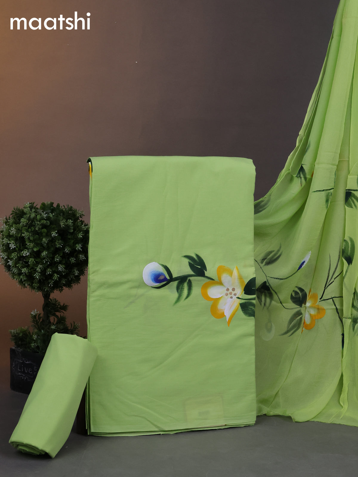 Cotton dress materials light green with floral hand painted prints and bottom & chiffon dupatta